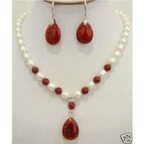 Hot sale >>>Set of White Pearl Red jade Necklace Earring Fashion Wedding Party Jewellery