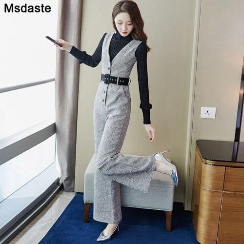 Jumpsuits Women Formal Woolen Wide Leg Overalls for Workwear Solid Autumn Winter Rompers Trousers One Piece Outfit Pants Women