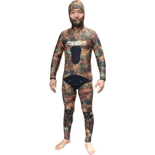 Camouflage Spearfishing wetsuit men 5MM neoprene two piece Hooded diving suit Scuba snorkeling surfing winter thermal swimwear