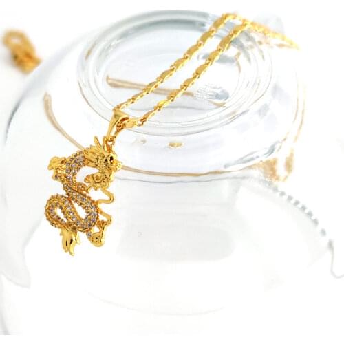 Pendant 24 K Real Solid Yellow Fine Gold Finish CZ Dragon Pendant Detailed 3D Good Luck Men Women Dragon Flat chain Necklace US