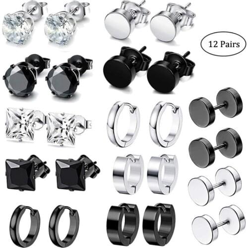 Small Hoop Earrings Set For Men Square Round Stud Earrings Stainless Steel Korean Hiphop Edgy Punk Hoops Goth Jewelry for Boys