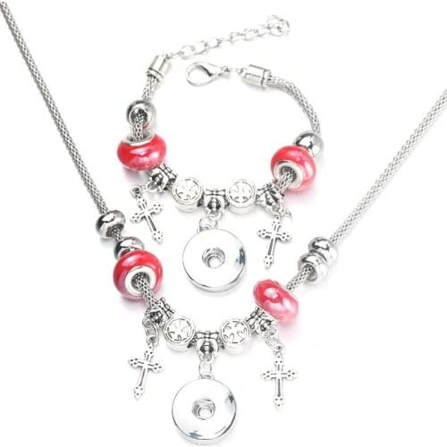 Snap Cross Necklace Bracelet Set Bead Pendant Hollow Chain Beaded Bracelet For 18mm Snap Fashion Party Jewelry Gift 006