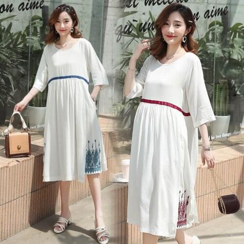 Maternity Chinese Style Dress Pregnant Women Embroidery Half Sleeve Dresses Pregnancy Summer New Loose National Fashion Clothes