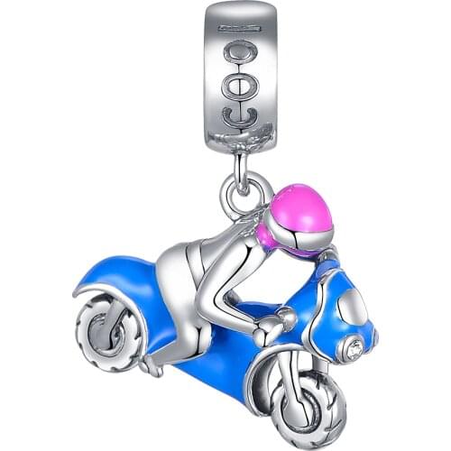 GW Enamel Motorcycle Charms 925 Sterling Silver Sporty Fashion Pendant Red Cubic Zirconia Fit Original Bracelets Diy JewelryS483