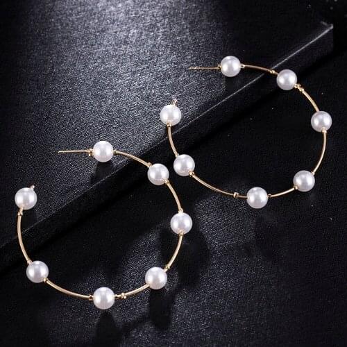 Simple Lovely Girls Vintage Hoop Earrings C Shape Korean Simulated-pearl Big Smooth Circle Earrings for Women Fashion Jewelry