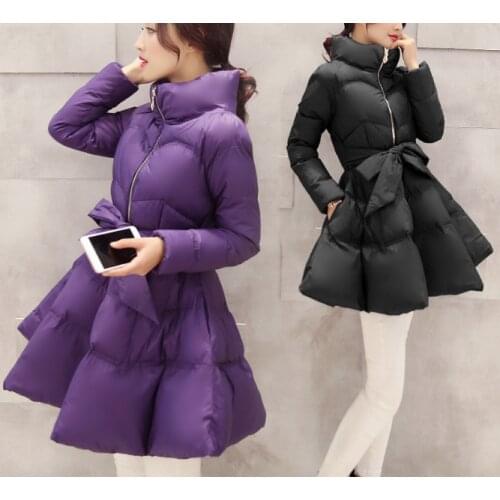 Women Winter New Down Cotton Jacket Padded Long Versatile Puff Princess Dress with Waist Coat Fashion Solid Color 2020 Hot