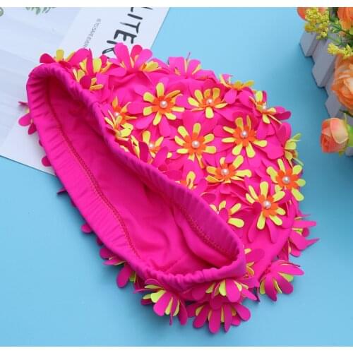 Adult Swimming Cap Floral Pearl 3D Flower Design Swimming Hat Ear Protection Free Size Bathing Cap (Pink)