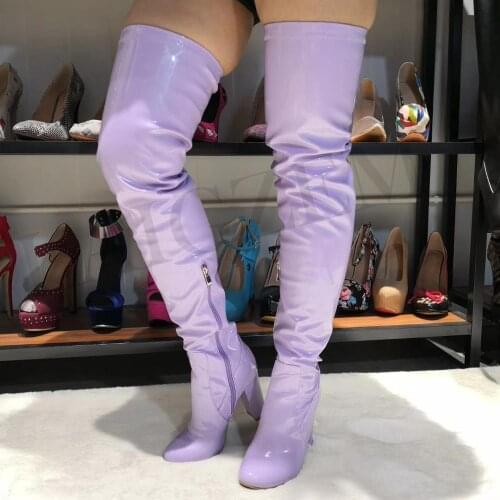 LAIGZEM STYLISH Women Over the Knee Boots Chunky Block Heels Patent Shinny Long Boots Zipper Botines Femme Mujer Big Size 4-14