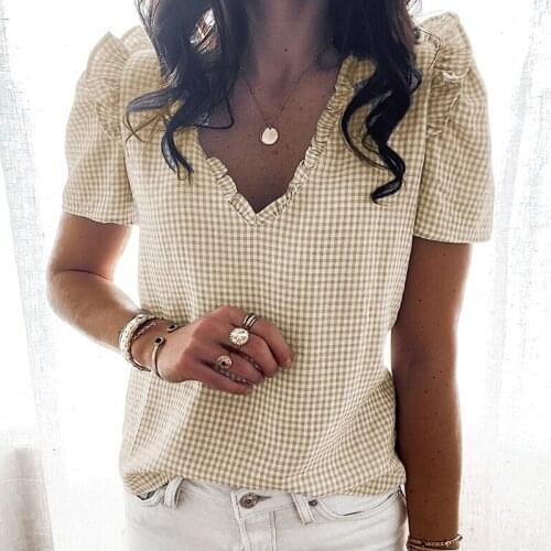 Printed V-neck Top 2021 Summer Elegant Plaid Female Fashion Pullover Blouses Casual Women Short Sleeve Ruffle Blouse Shirt M0459