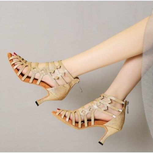 Dance Shoes Women Latine Party Brown Sandals Cuba Satin Shining Sneaker Modern Girls Soft Bottom Summer High Heels 5-10cm L395