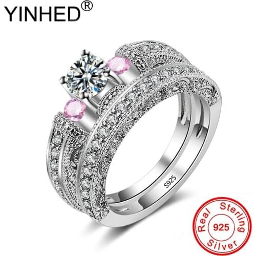 YINHED Elegant Wedding Engagement Rings Set 2 PCS 925 Sterling Silver Round Pink Cubic Zircon Stone Ring Fine Jewelry ZR524