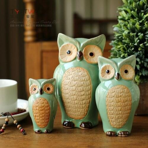GREEN THREE CORUJA CERAMICA OWL FIGURINES HOME DECOR CERAMIC VINTAGE ORNAMENT CRAFTS ROOM DECORATION PORCELAIN ANIMAL FIGURINE