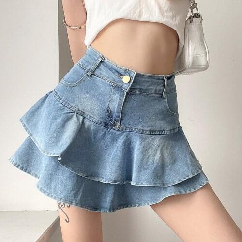 Women Ruffles Denim Skirt High Waist Blue Jean Sweet Mini Skirts korean style mujer faldas Lolita Style Solid women clothes