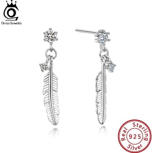 ORSA JEWELS 100% Real 925 Women Sterling Silver Stud Earrings Fashion Feather Shaped Earrings Female Romantic Cute Jewelry SE186