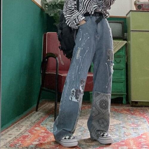 Summer Jeans Bandana Print Women Loose Vintage Female Ripped Pants Harajuku Baggy Denim Pants Funny Graffiti Gothic Fashion 2021