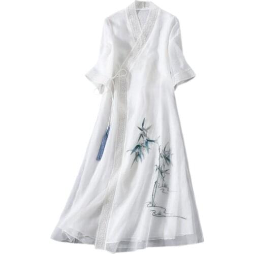 GongFu Women Dress Summer Long Sleeve White Elegant Autumn Spring Hanfu Chinese Style Loose Ladies Lace Womans Clothing