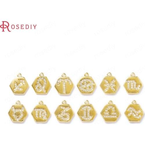 39242)2PCS 10x11MM 24K Gold Color Brass and Zircon Twelve Constellations Charms Pendants High Quality Jewelry Diy Accessories