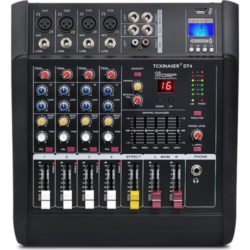 4 Channels Powered USB Bluetooth Studio Audio Mixer Amplifier Studio Console 16DSP XLR Bluetooth MP3 music 250W professional