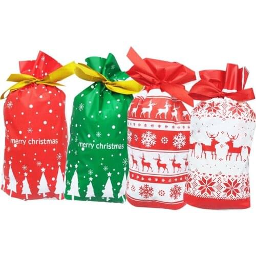 50Pcs Christmas Tree Gift Bags Santa Printed Packaging Plastic Drawstring Bag
