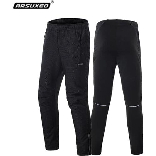 ARSUXEO Winter Cycling Pants Men Fleece Sports Pants Winter Long MTB Bike Pants Running Windproof Reflect Outdoor Trousers