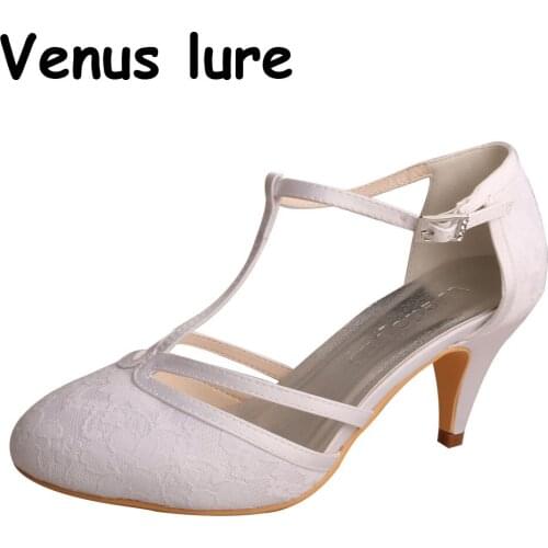 White Wedding Shoes for Bride T-strap Bridal made Shoes Kitten Heel