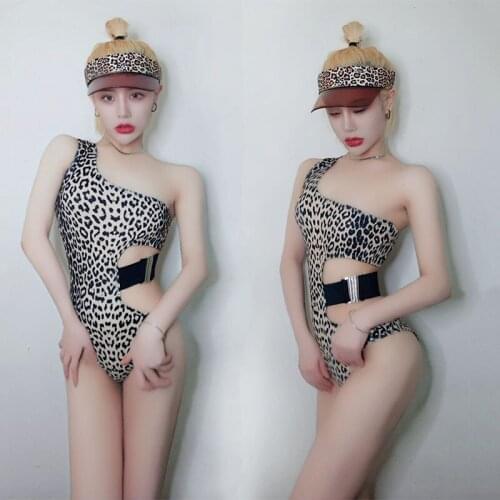 Leopard Printed Bodysuit Sexy Pole Dance Clothes Jazz Dance Costume Hollow Out Singer American Clothing Women Rave Outfit DCC790