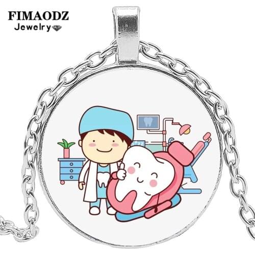 FIMAODZ Cartoon Teeth Dentist Photo Necklace Dental Care Glass Cabochon Pendant Chain Necklaces for Friends Gift