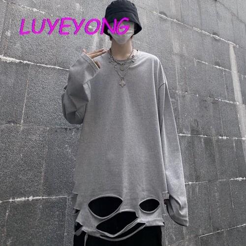 Autumn Women Man Outdoor Hollow Out Street T Shirt Broken O Neck Long Sleeve Harajuku T-shirts Gothic Unisex Lady Loose Rock Top