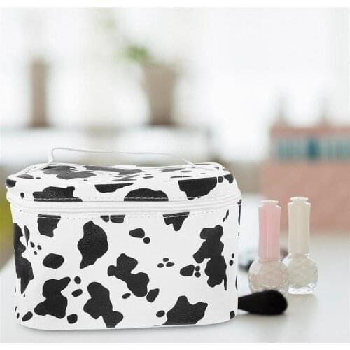 PU Cosmetic Bag Large Capacity Toiletry Bag Cow Themed Wash Bag Bathroom Organizer (Black White)