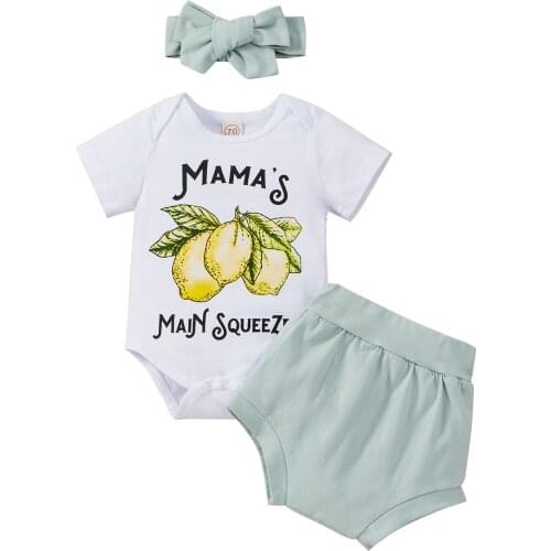 3 Pieces Kids Suit Set Letter Lemon Print O-Neck Short Sleeve Romper+ Solid Color Short Pants+ Headband 0-24 Months