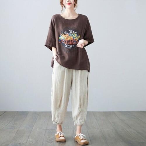 Summer Women Linen T-Shirts Short Sleeve Tops Artsy Loose Cartoon Letter Printed All-Match Elegant Casual Girlfriend O-Neck Tees