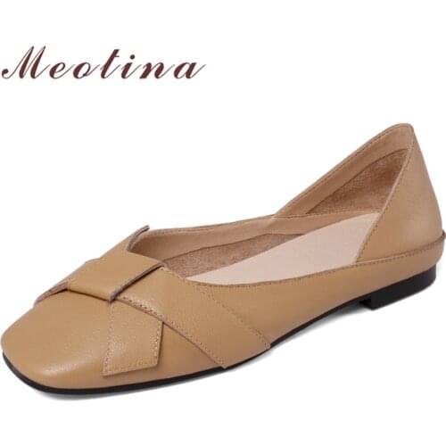 Meotina Natural Genuine Leather Flat Shoes Women Square Toe Shoes Shallow Flats Footwear Ladies Casual Shoes Spring Black Beige
