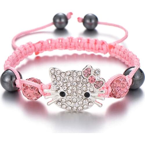 Lovely Kids Bracelet Cat Charm Rhinestone Round Crystal Bead Multi-Color String Braiding Bracelets DIY Children Jewelry