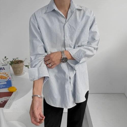 Korean Striped Single-Breasted Button Mens Shirt Loose Lapel Long-Sleeved Shirt Men 2021 New Autumn Leisure Bottoming Men Top