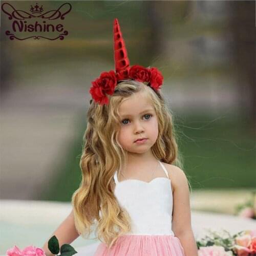 Nishine Unicorn Flowers Headband Birthday Gifts Lace Crown Hair Bands Headwear Kids Girls Hair Accessories