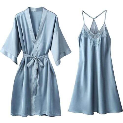 New Women Silk Robe Gown Set Summer Sexy Lace Women Sleepwear Dress Elegant Woman Pajamas Casual Bathrobe Sets
