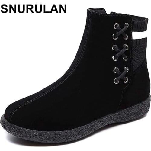 SNURULAN New winter warm snow boots Womens flat plush Ankle boots Faux suede Zipper comfort cotton boots Women Winter shoes