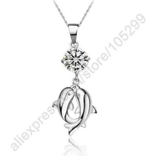 Wholesale Pure 925 Sterling Silver Charms Double Dolphin Playing Basketball Cubic Zircon Animal Pendant Necklaces Jewelry