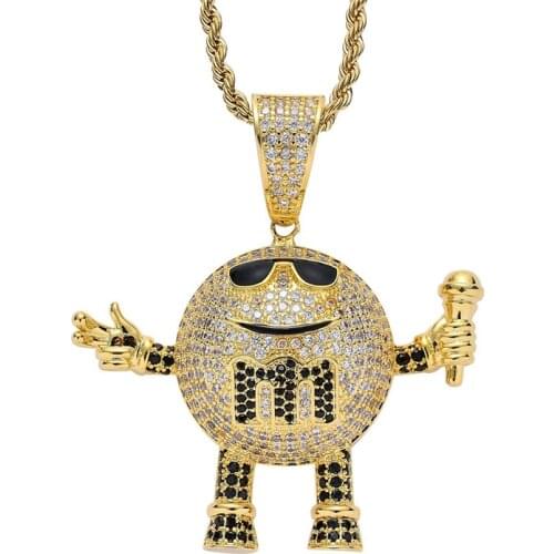 Hip HopIced Out Full CZ Stone Chocolate Beans Pendant M&M Necklace Jewelry With Long Stainless Steel Chain