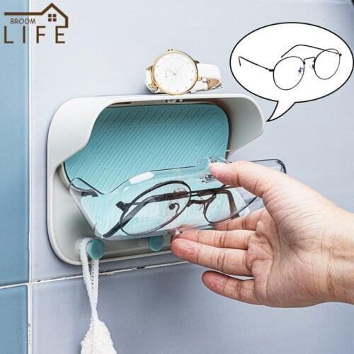 Transparent Waterproof Glasses Storage Box Plastic Bathroom Organizer Wall Mounted Rack with Hook Toilet Holder Bath Accessories