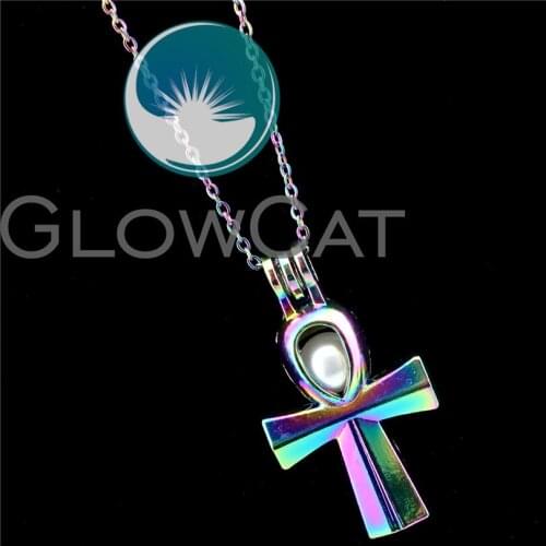 R-C677 Colorful Egypt Anka Cross Life Symbol Beads Cage Pendant Perfume Diffuser Aromatherapy Stone Pearl Cage Locket Necklace