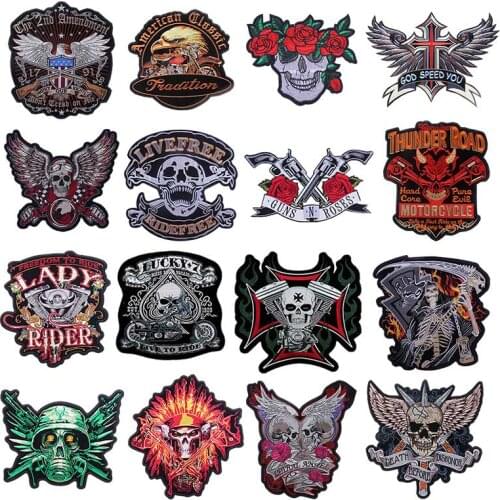 Rose Skull Big Patch Motorcycle Embroidered Patches For Clothes Stripe Biker Patches Hippie Patch Applique Jacket Accessories