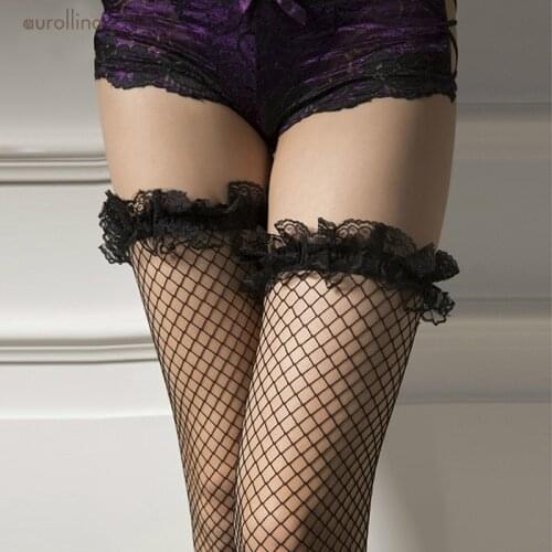Fishnet Grid Thigh Stocking With Lace Ornament Ring Wreath Sexy Women Pantyhose Female Black Longtube Hosiery whore slutty