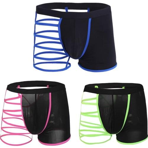 Mens Contrast Color Boxer Shorts Hollow Out Bulge Pouch Underwear Low Rise Elastic Waistband Underpants Sexy Lingerie Panties