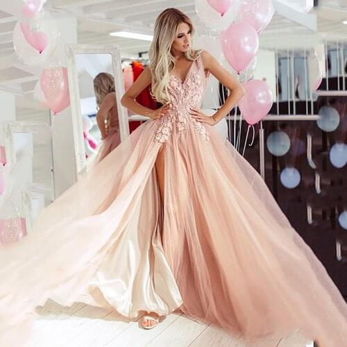 Flesh Pink V Neck Lace Prom Dresses Dubai New Couture Backless Arabic Formal Evening Party Gowns Vestidos De Festa Longo 2020
