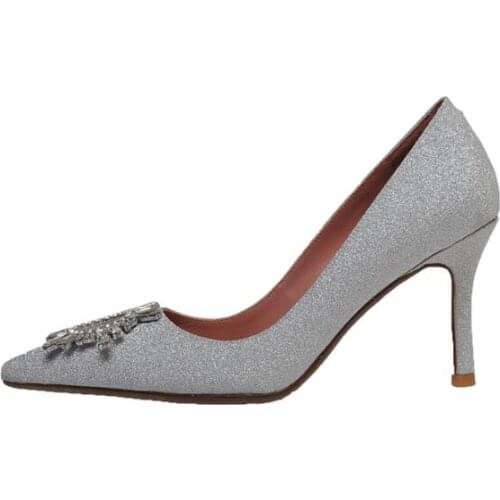 Moraima Snc Fashion Glitter Embellished Party Wedding heels Sexy Pointed Toe Crystal Flower Decorations Thin Heels Pumps Silver