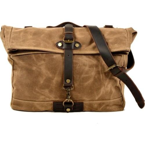Unisex Retro Waterproof Leather Waxed Canvas Mens Laptop Messenger Bag Shoulder Crossbody