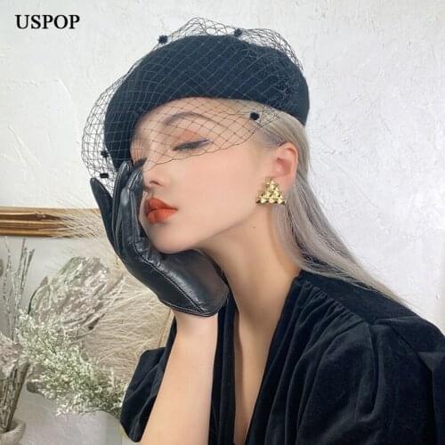 USPOP Womens Hats Winter Thick Wool Berets Adjustable Size Solid Color Vintage Mesh Yarn Beret Hat