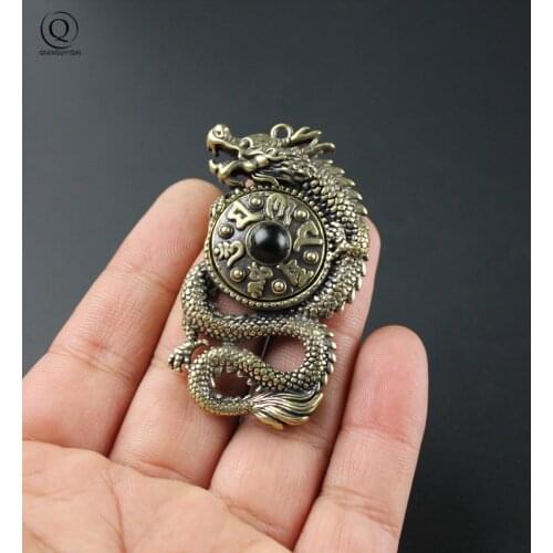 Pure Brass Flying Dragon Rotating Tibetan Six Character Mantra Keychain Retro Copper Hanging Car Key Chain Pendant Ornament