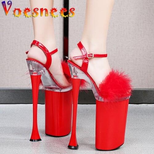 Ladies Shoes 2021 New Summer Fur Heels Stiletto Sandals Women Shoes Sexy Platform Super High Heels 26cm Modern Sandals Wedding